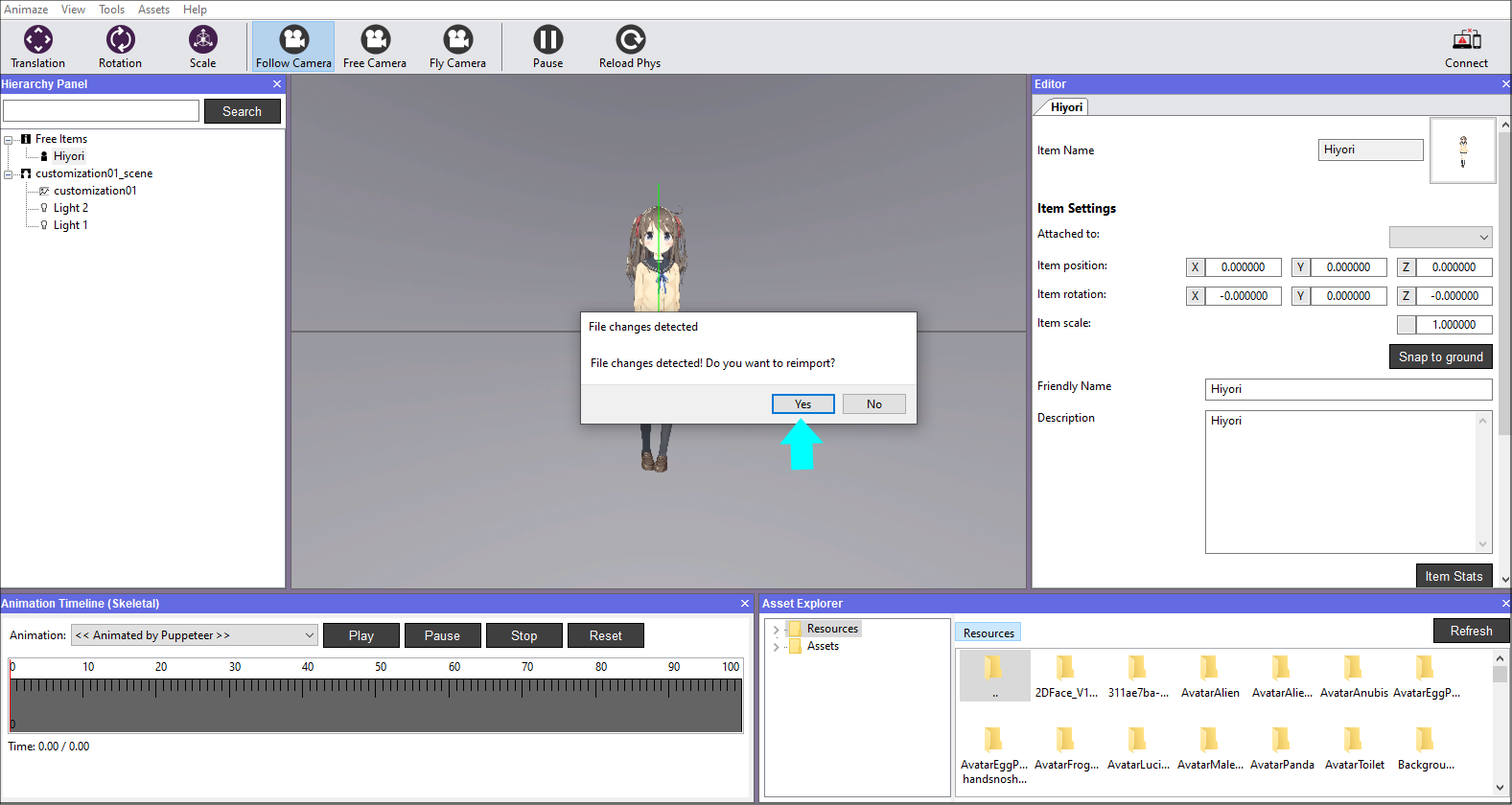  Animaze Editor will detect the changes made and will ask you to reimport. Click Yes