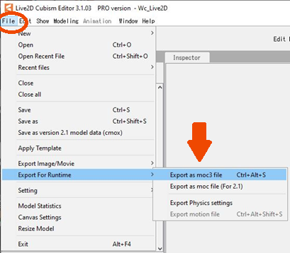 In Cubism editor go to File, choose Export For Runtime and select Export as moc3 file. 