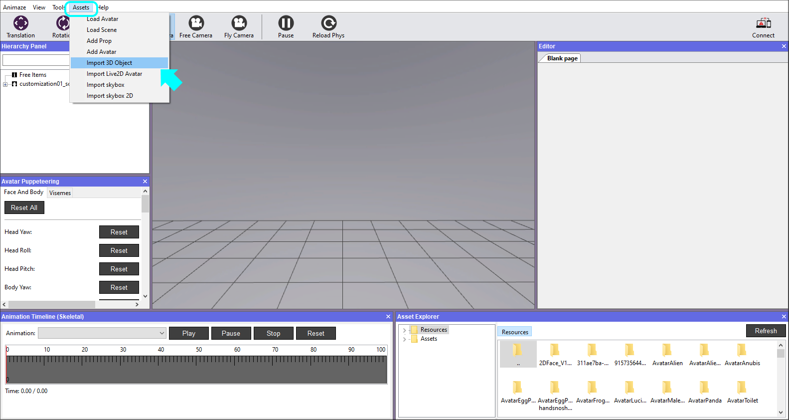 Animazeエディターを開き、アセットへ移動し、3Dオブジェクトをインポートを選択します 