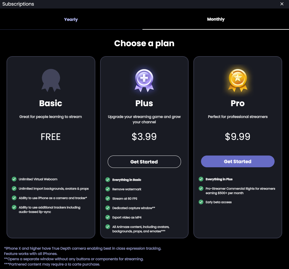 Find out the differences and prices of the Animaze Monthly Subscriptions